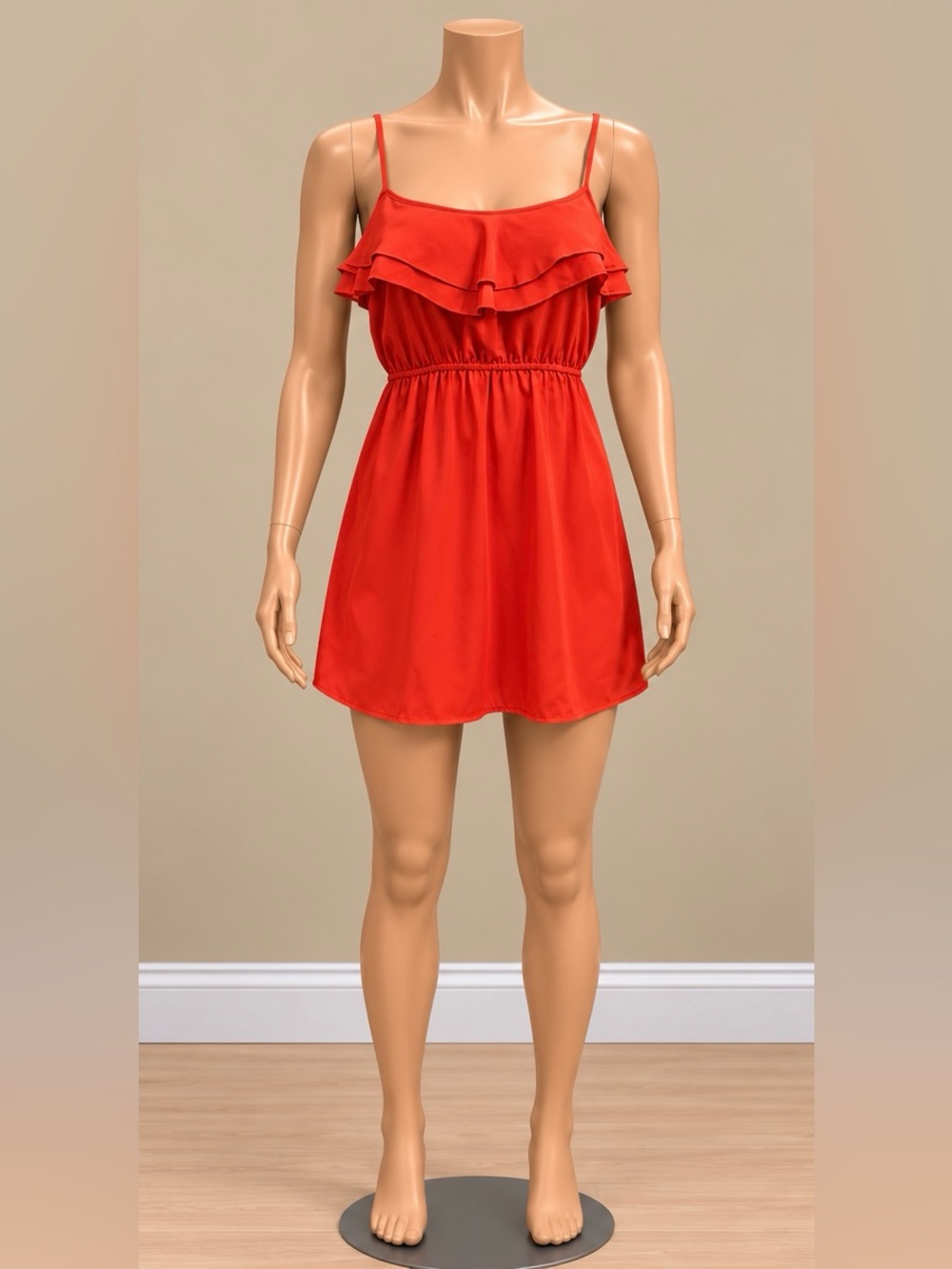 American Eagle Coral Red Ruffle Spaghetti Strap Babydoll Mini Dress S